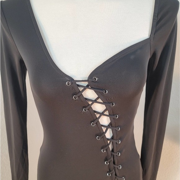 H:OURS x REVOLVE BRANDEN MIDI BLACK ASYMMETRICAL CUT LACE UP DRESS SIZE XSMALL - Picture 12 of 12
